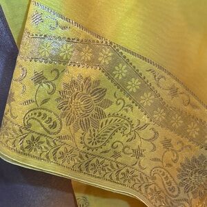Elegant Yellow Fabric with vintage saree Embroidered Accents hemmed edges. B7
